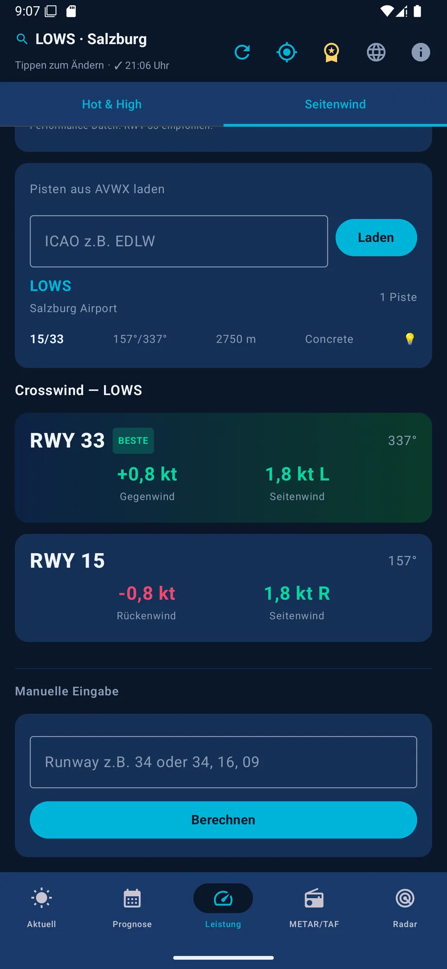 Crosswind-Rechner mit Pistenempfehlung