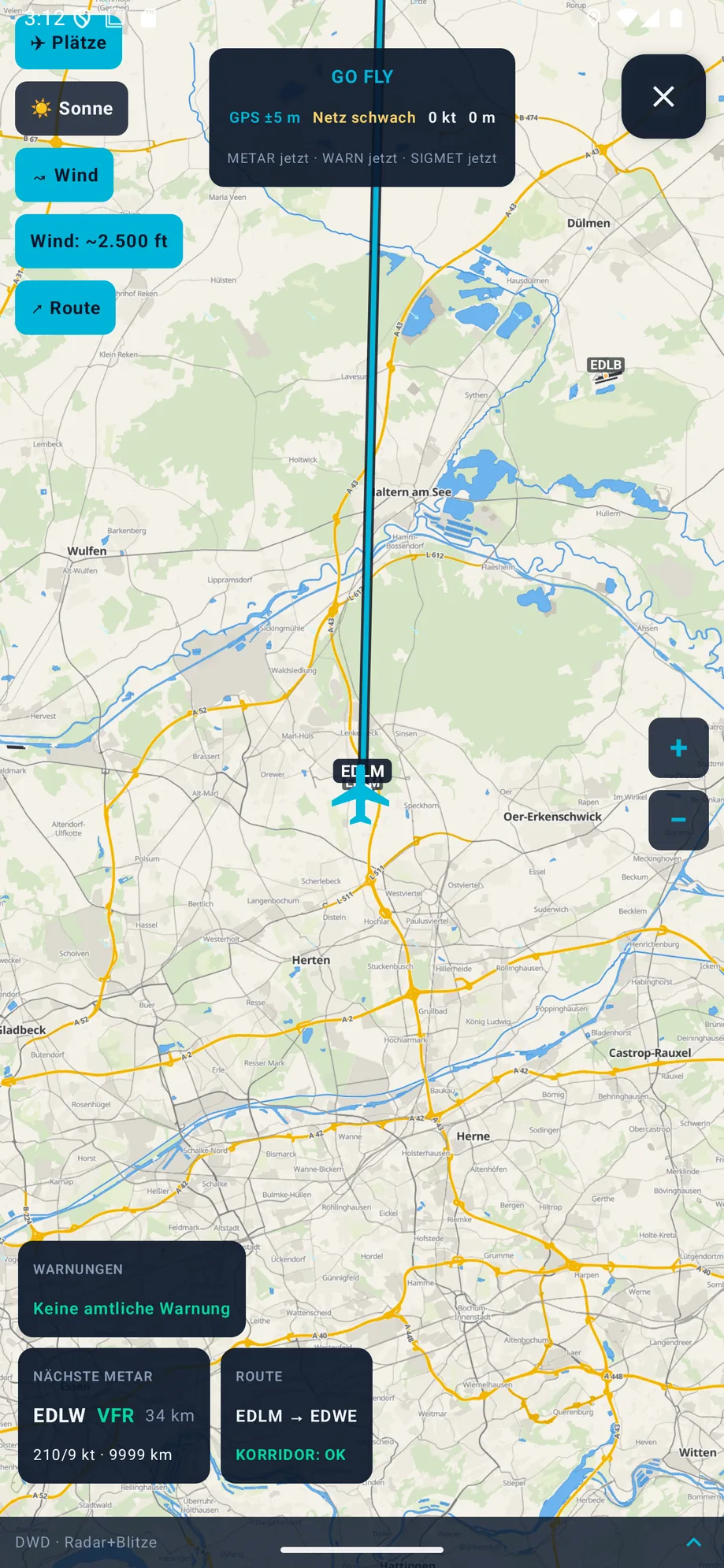 Go Fly Live-Moving-Map mit GPS-Position und Routenkorridor