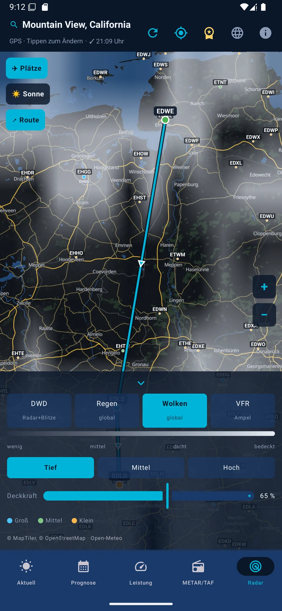 Radar- und Wolkenkarte in VFR Wetter
