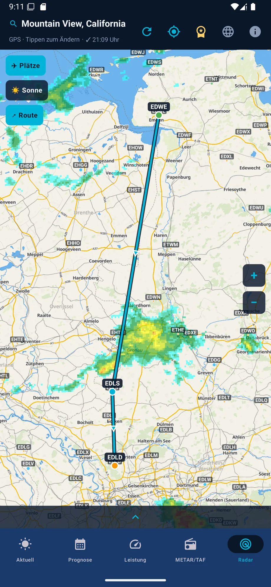 DWD-Regenradar mit Flugroute auf der Karte